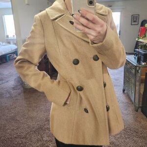 Classic Tan Merona Wool Double-Breasted Women's Peacoat Coat